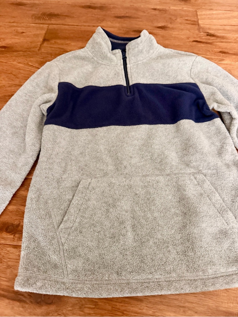 The Children's Place Gray Fleece Zip Pullover with Navy Chest Stripe